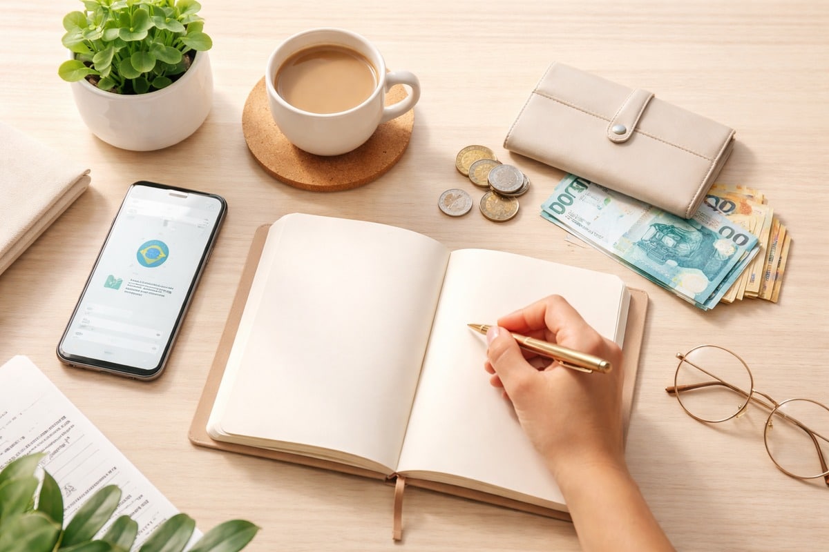 Imagem em estilo realista e minimalista que representa a organização das finanças pessoais no cotidiano. Sobre uma mesa clara, vê-se uma mão escrevendo em um caderno aberto, acompanhada por uma carteira com cédulas e moedas de real, um celular com aplicativo financeiro, uma xícara de café e uma planta decorativa. A composição transmite sensação de controle, planejamento e equilíbrio financeiro, com atmosfera calma, organizada e contemporânea.