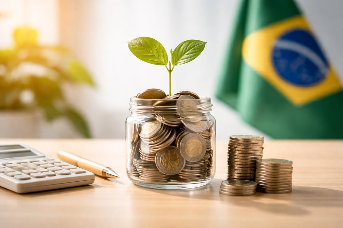 Pote de vidro transparente com moedas empilhadas e uma muda verde crescendo ao centro, sobre uma mesa clara, com calculadora e caneta ao lado e a bandeira do Brasil desfocada ao fundo, representando crescimento financeiro, planejamento e investimentos em um cenário de finanças no Brasil.