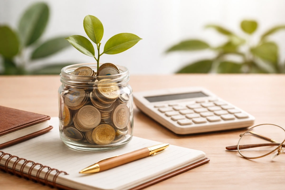 Pote de vidro com moedas brasileiras e uma pequena planta brotando, apoiado sobre um caderno aberto em uma mesa de madeira clara, com calculadora e óculos ao fundo, representando organização financeira, crescimento e primeiros passos em finanças pessoais e renda fixa.