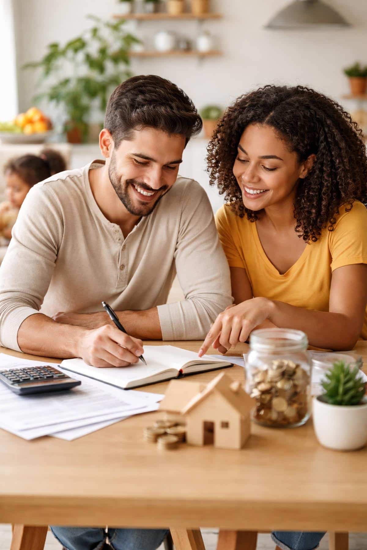 Casal brasileiro sentado à mesa da cozinha planejando o orçamento doméstico, com caderno aberto, calculadora, moedas e uma pequena casa de madeira sobre a mesa, representando organização e planejamento de finanças familiares de forma simples e realista.