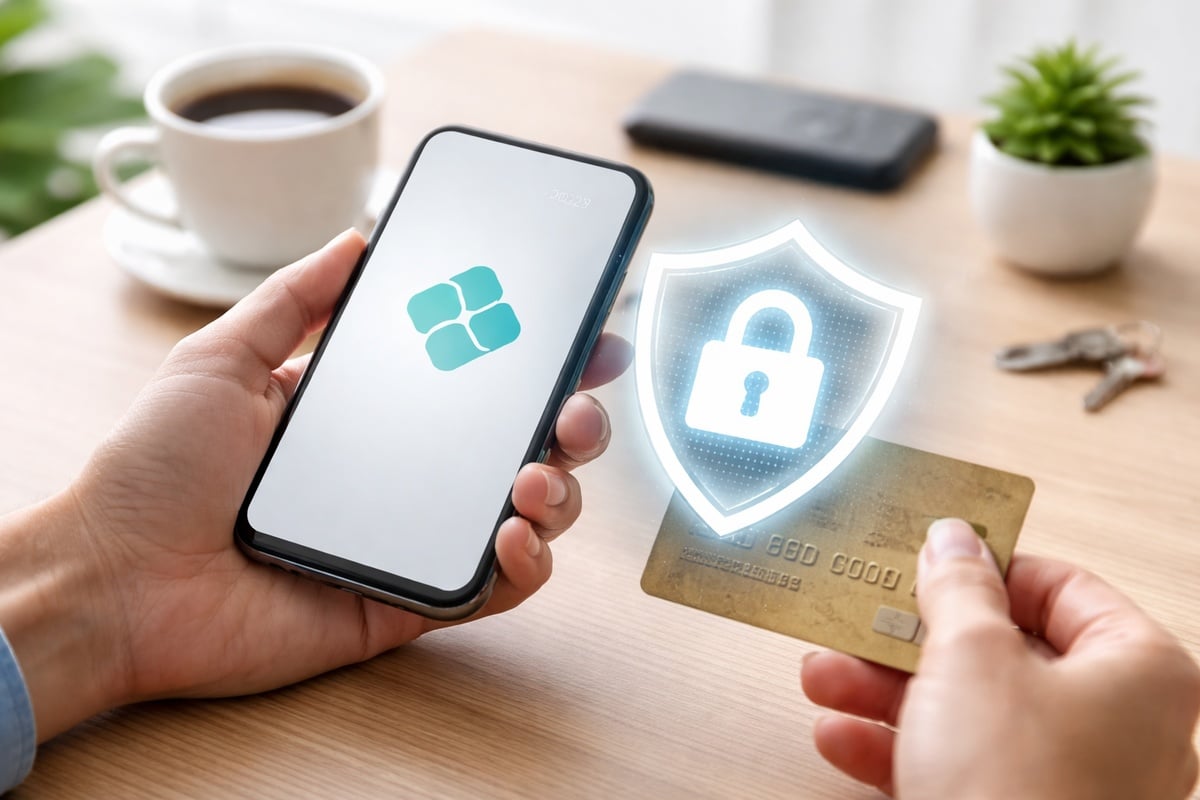 Mãos segurando um smartphone com interface de pagamento digital Pix e um cartão bancário, com um ícone de escudo e cadeado em destaque, simbolizando segurança em transações financeiras digitais no Brasil, em um ambiente doméstico minimalista e bem iluminado, representando finanças e proteção contra golpes digitais.