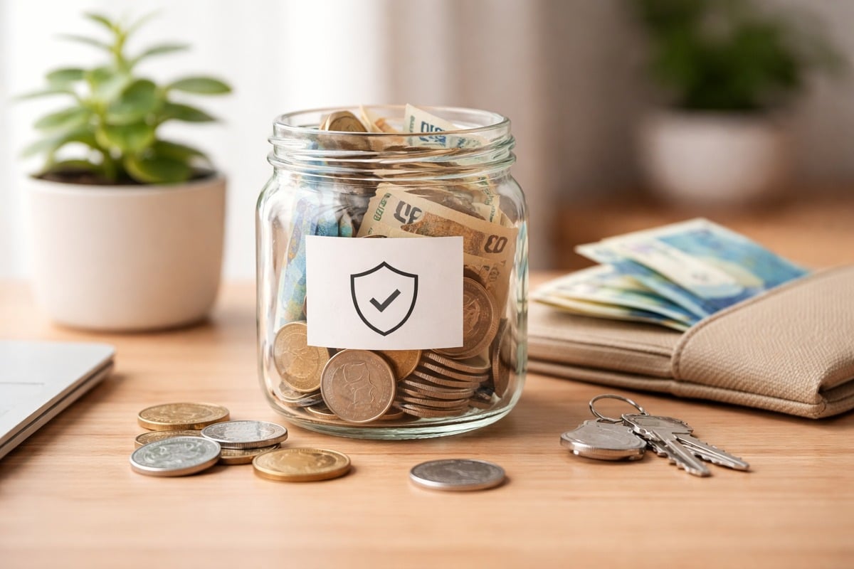 Pote de vidro transparente com cédulas e moedas de real brasileiro guardadas de forma organizada, apoiado sobre uma mesa de madeira clara, ao lado de uma carteira, chaves e uma planta decorativa, representando segurança financeira e planejamento consciente de finanças.