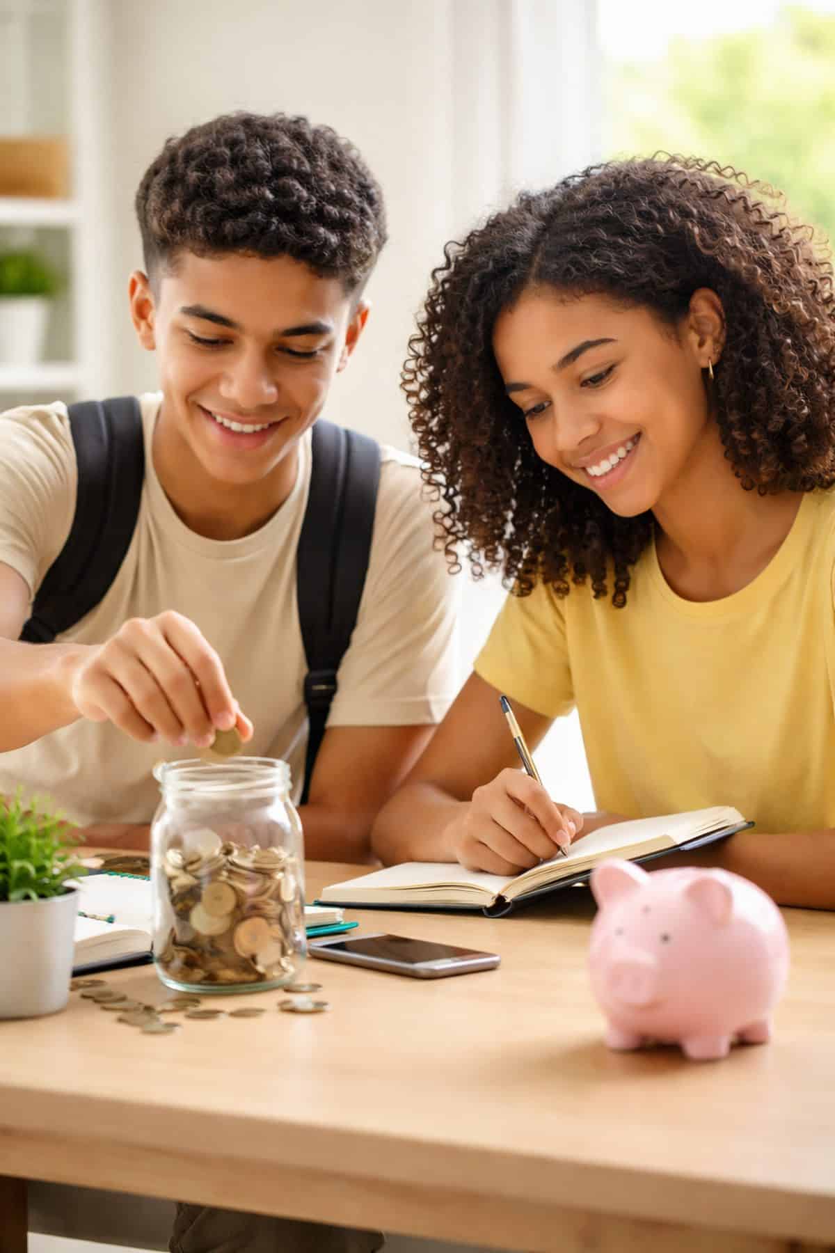 Dois jovens brasileiros estudam educação e finanças em uma mesa de madeira clara; um rapaz coloca moedas em um pote de vidro enquanto uma jovem faz anotações em um caderno, com um cofrinho rosa em primeiro plano, representando o início do aprendizado sobre finanças pessoais de forma simples e consciente.