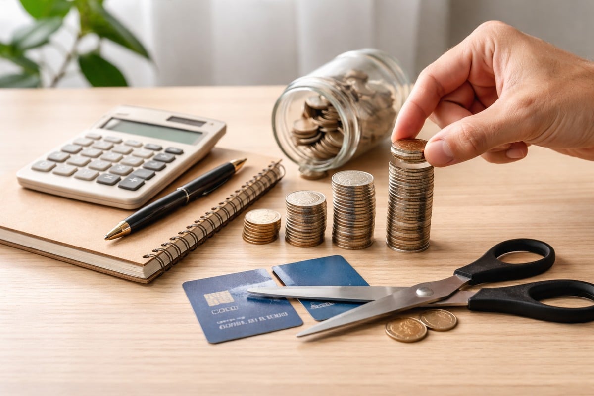 Mão empilhando moedas sobre uma mesa de madeira clara, ao lado de um caderno, calculadora, caneta, frasco com moedas e um cartão de crédito cortado por uma tesoura, representando organização financeira e decisões conscientes relacionadas a finanças e redução de dívidas.