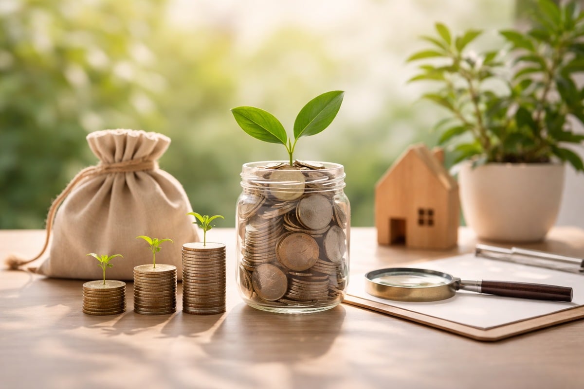 Composição minimalista e realista sobre finanças sustentáveis, com moedas empilhadas e brotos verdes crescendo, um pote de vidro cheio de moedas com uma planta jovem, saco de tecido, lupa e uma pequena casa de madeira sobre mesa clara, simbolizando decisões conscientes em finanças e investimentos sustentáveis no contexto brasileiro.