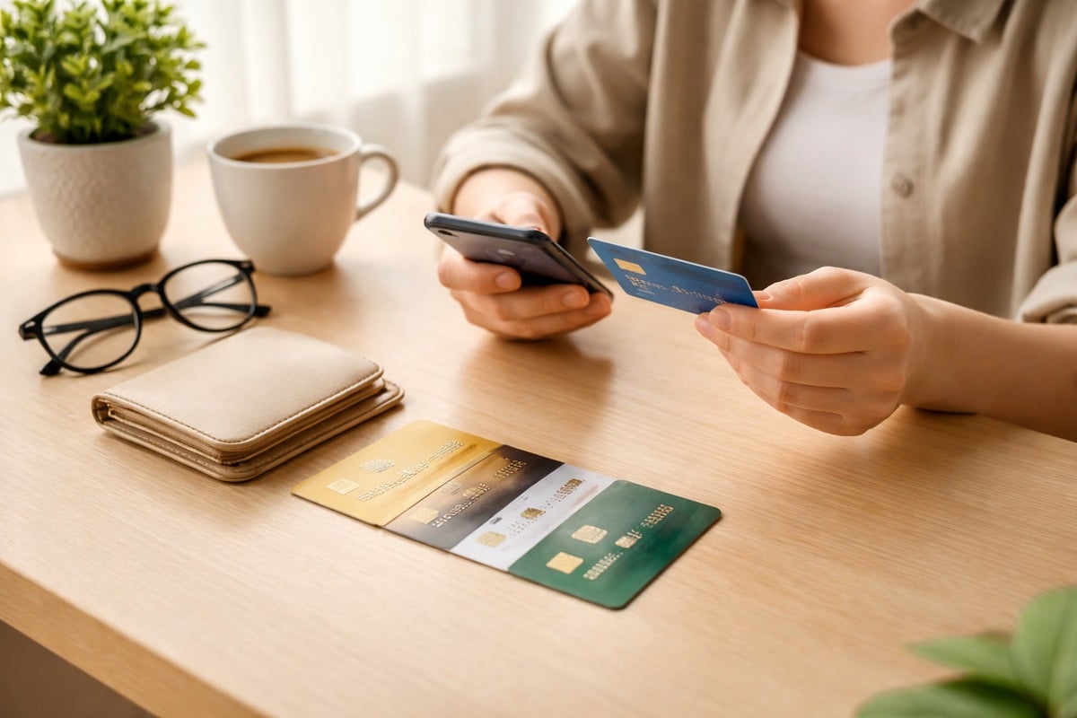 Pessoa analisa diferentes cartões de crédito sobre uma mesa clara, segurando um cartão e um celular, com carteira, óculos e uma xícara de café ao lado, em um ambiente organizado e minimalista que remete a decisões conscientes sobre finanças.