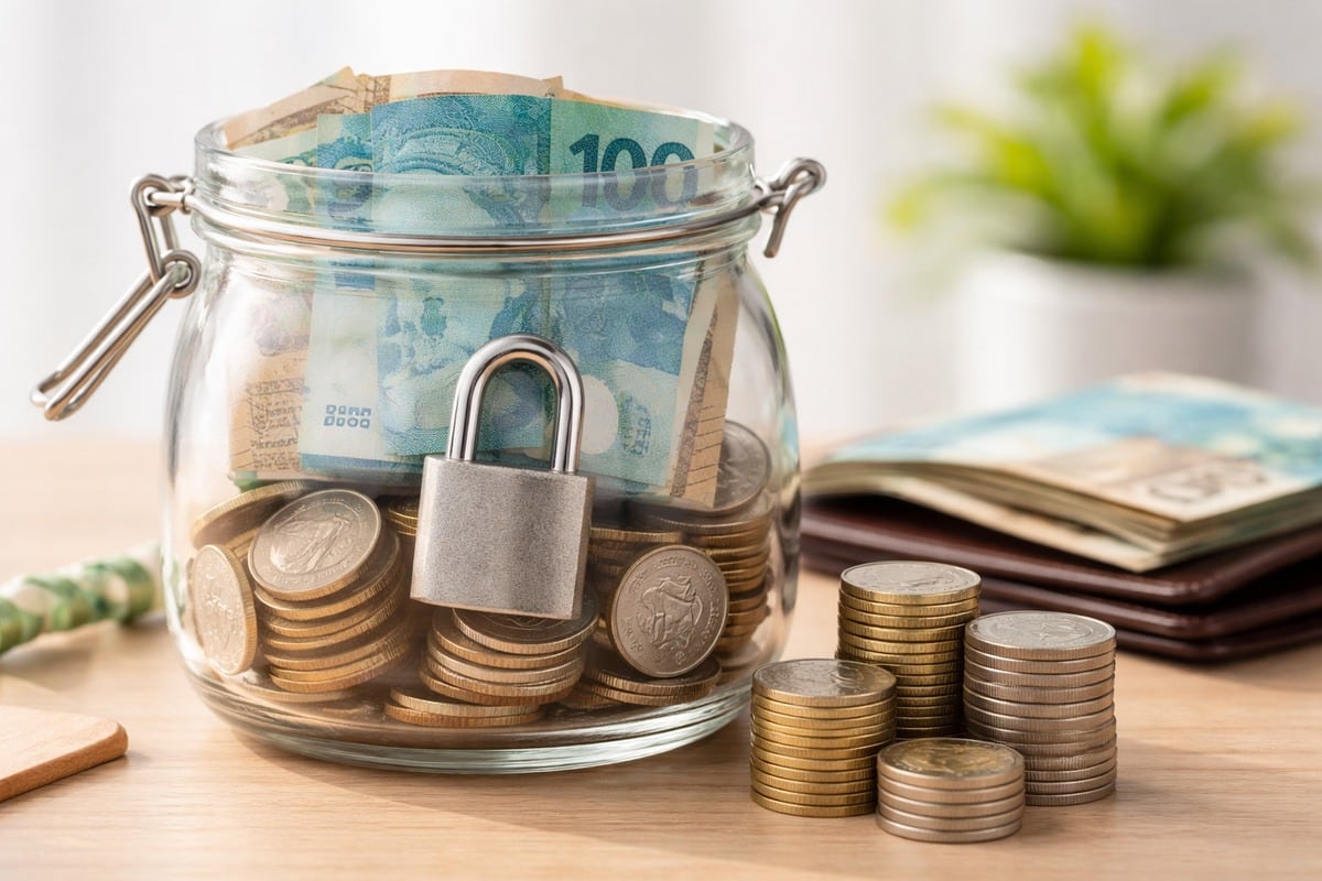 Pote de vidro transparente com cadeado metálico contendo cédulas e moedas de real brasileiro sobre uma superfície de madeira clara, com pilhas de moedas e uma carteira ao fundo desfocado, representando proteção do dinheiro em um cenário de finanças e inflação em alta.
