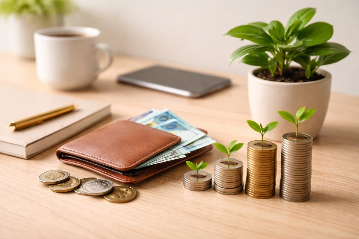 Carteira de couro com cédulas de real parcialmente visíveis sobre mesa de madeira clara, acompanhada de moedas organizadas em pequenos montes com brotos verdes crescendo, representando diversificação acessível da carteira de investimentos e educação em finanças de forma simples e minimalista.