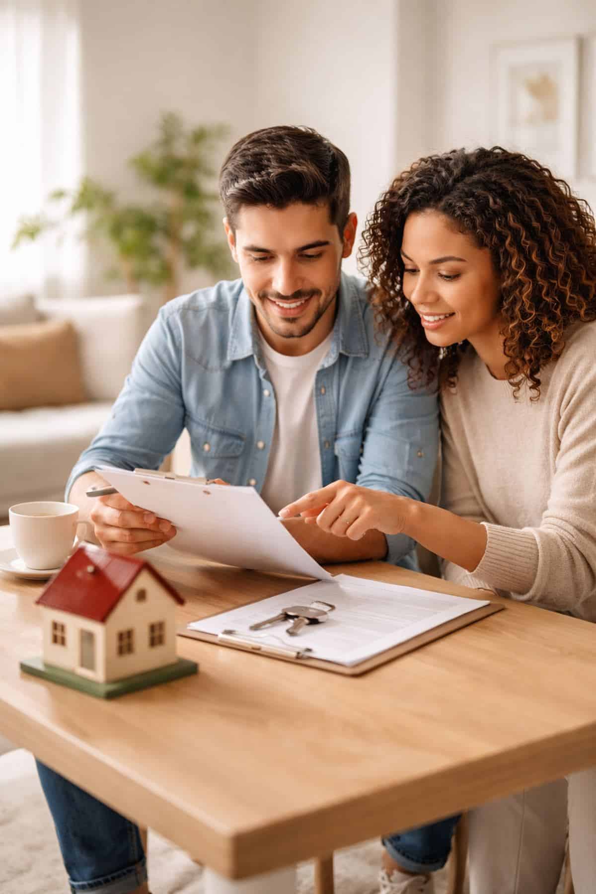 Casal jovem analisa documentos sobre a compra do primeiro imóvel em uma mesa de madeira, com uma maquete de casa e chaves ao lado, em um ambiente claro e minimalista, representando planejamento e decisões de finanças pessoais no Brasil.