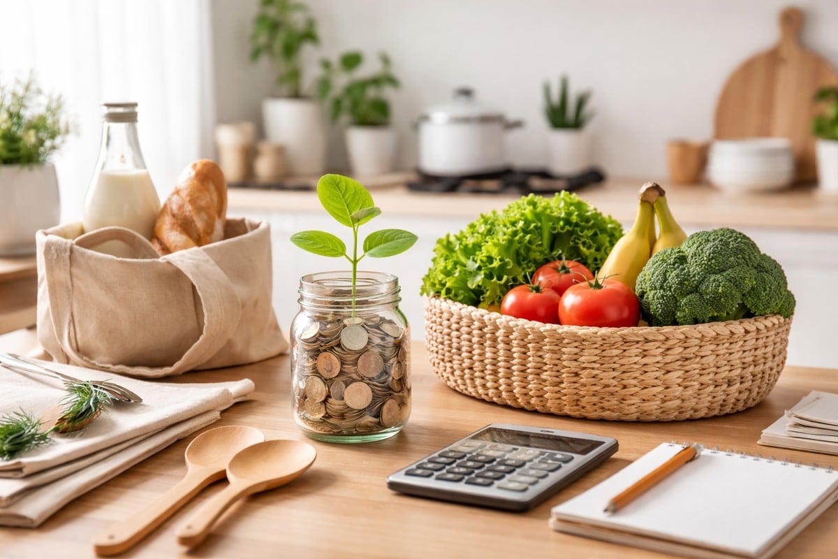 Cena realista e minimalista de uma cozinha clara, com cesta de legumes frescos, bananas, tomates e brócolis sobre a bancada, ao lado de um saco reutilizável com pão, frasco de vidro com moedas e uma muda verde, utensílios de madeira e calculadora, representando organização doméstica, consumo consciente e finanças no dia a dia sem perda de qualidade.