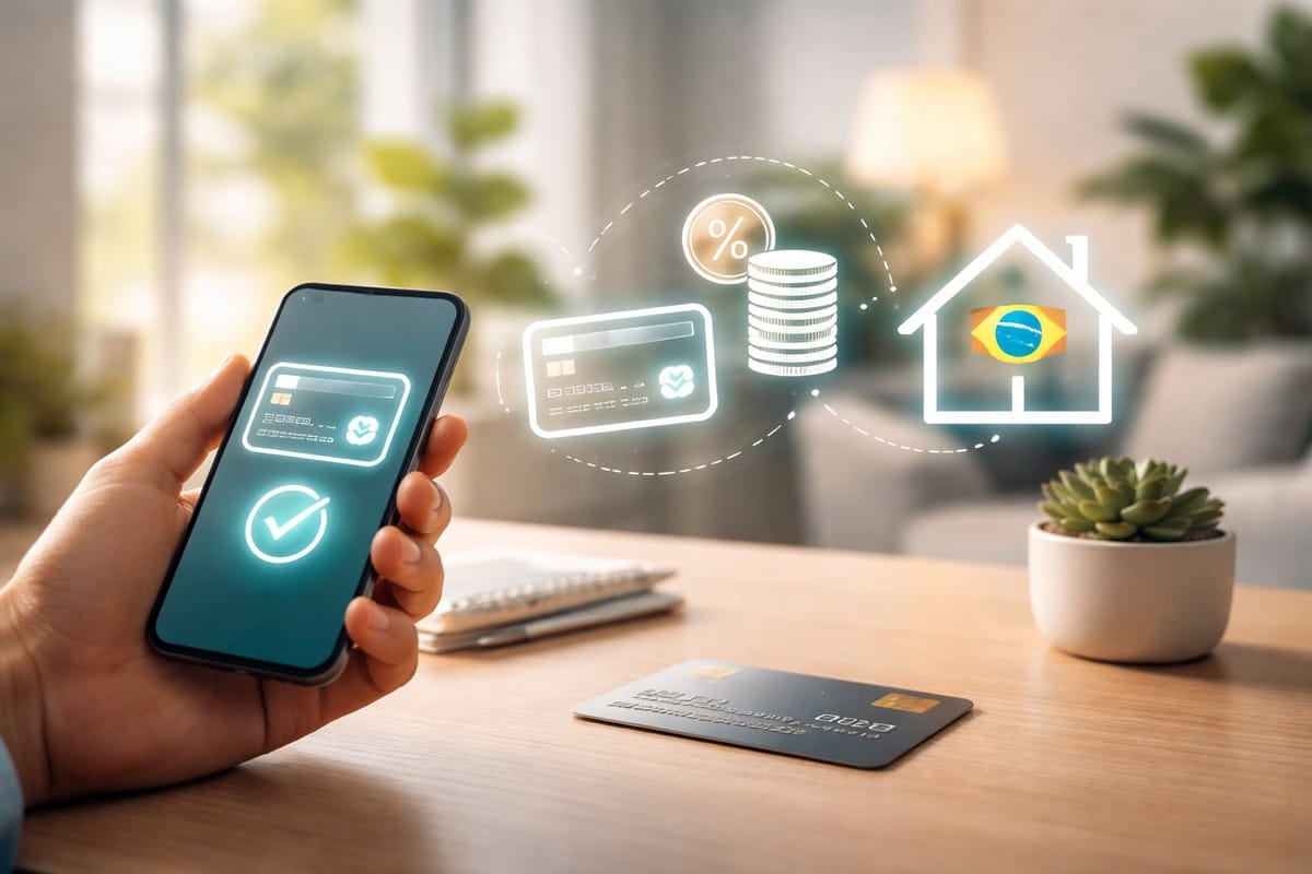 Mão segurando um smartphone sobre uma mesa de madeira, com um cartão de crédito físico ao lado e ícones digitais minimalistas representando crédito, juros e financiamento imobiliário ao fundo, em um ambiente doméstico moderno e bem iluminado, ilustrando o cenário de finanças e mercado de crédito no Brasil.