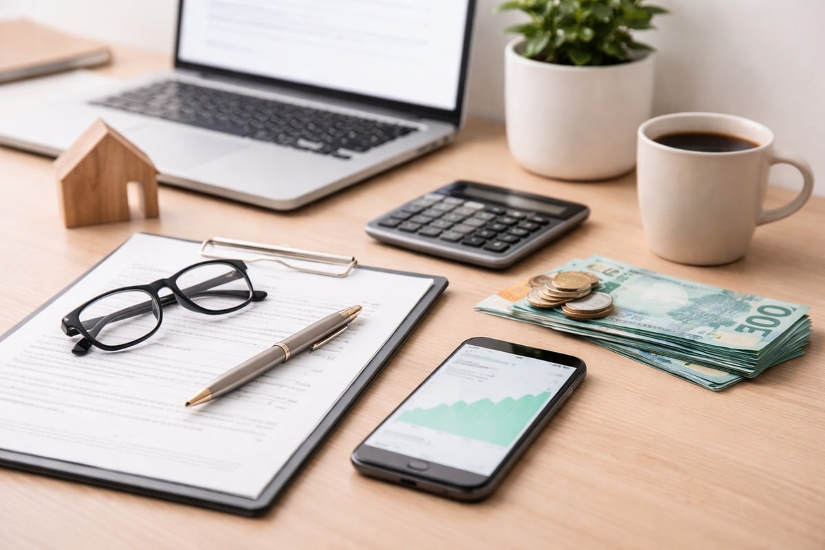 Mesa de trabalho organizada com documentos financeiros, óculos, caneta, calculadora, notebook aberto, celular com aplicativo financeiro, cédulas e moedas de real, representando organização e cuidado no controle de finanças e declaração de investimentos no Brasil.