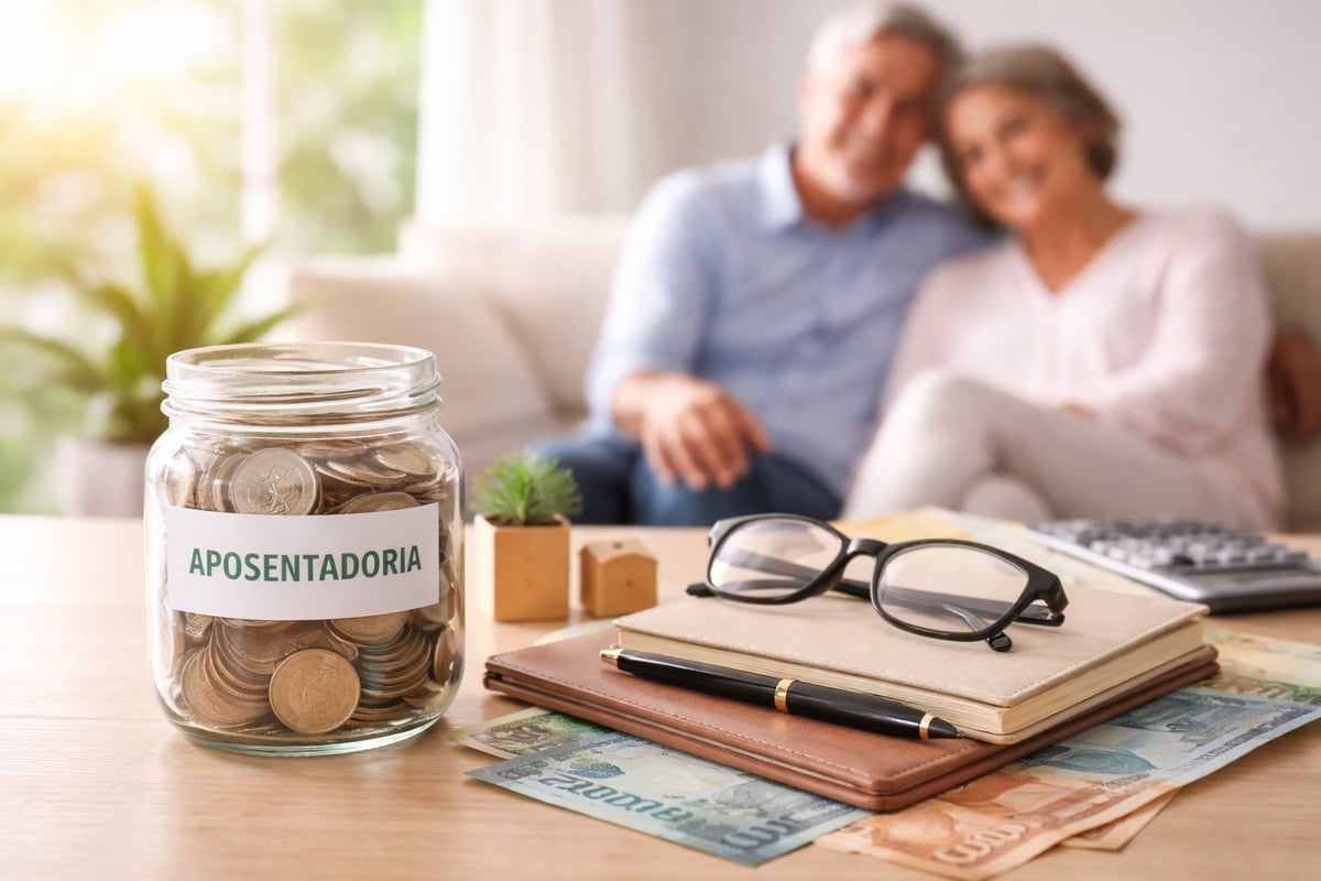 Cena minimalista sobre finanças e planejamento de aposentadoria, com pote de vidro contendo moedas sobre uma mesa de madeira, caderno, caneta e óculos em primeiro plano, enquanto um casal maduro aparece desfocado ao fundo em ambiente doméstico iluminado, transmitindo segurança, organização e planejamento financeiro de longo prazo.