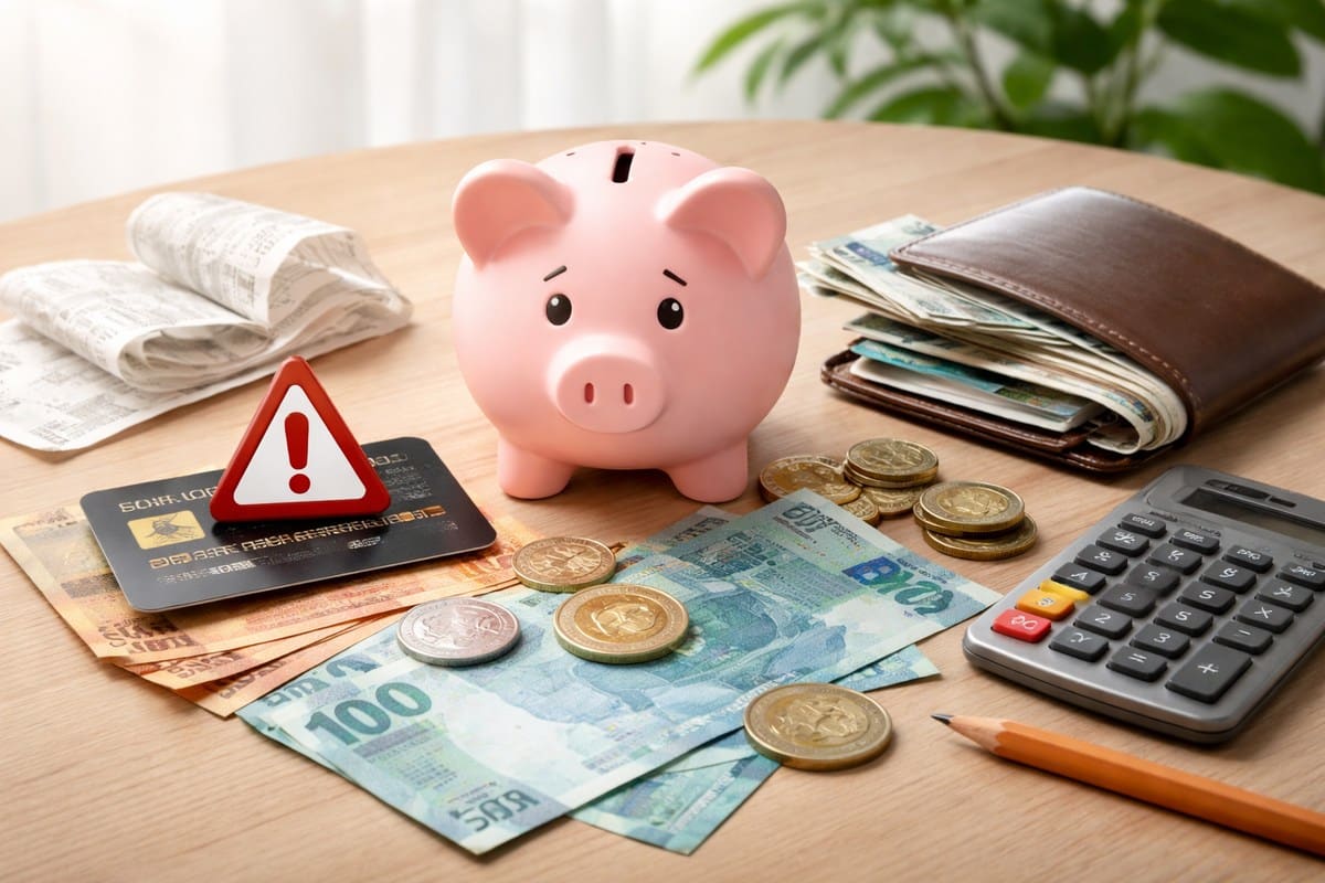 Cofrinho rosa sobre mesa de madeira cercado por cédulas e moedas de real, carteira com dinheiro, cartão de crédito, recibos e calculadora, representando erros financeiros comuns no cotidiano das finanças no Brasil.