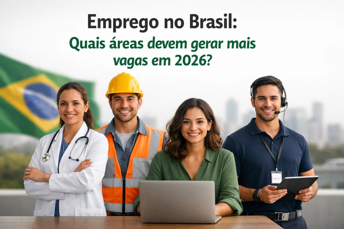 Imagem representando o cenário de emprego no Brasil, com profissionais de diferentes áreas — saúde, construção, tecnologia e atendimento — reunidos diante de um ambiente corporativo, tendo a bandeira brasileira ao fundo. A cena simboliza perspectivas positivas para a economia, destacando os setores que devem impulsionar a geração de vagas no país e contribuir para o crescimento econômico em 2026.