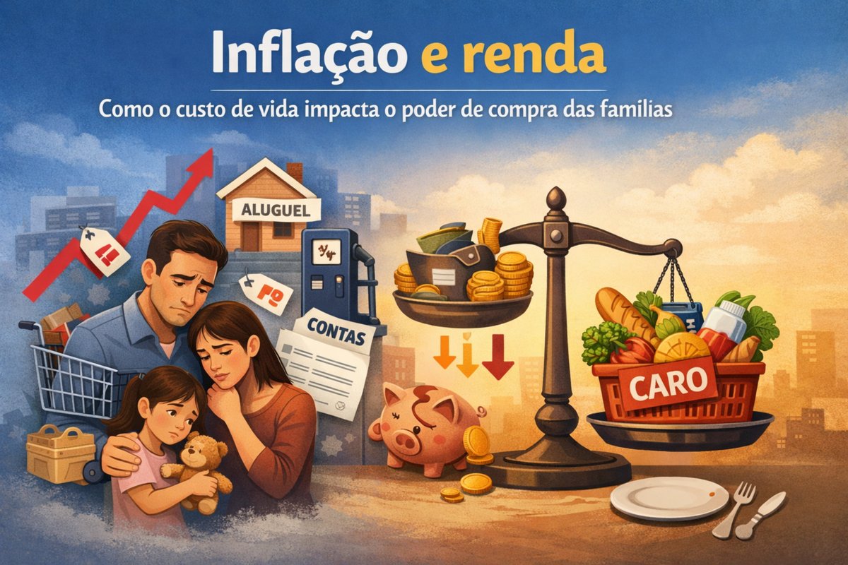 Ilustração com o título “Inflação e renda” e o subtítulo “Como o custo de vida impacta o poder de compra das famílias”. À esquerda, uma família com expressão preocupada (pai, mãe e uma criança segurando um urso de pelúcia) aparece ao lado de um carrinho de compras, com etiquetas de preço e um gráfico de linha vermelha em alta ao fundo. No centro, ícones de despesas como “ALUGUEL” e “CONTAS” e uma bomba de combustível reforçam o aumento de custos; abaixo, um cofrinho com moedas e setas apontando para baixo sugerem perda de poder de compra. À direita, uma balança pesa uma carteira com moedas contra uma cesta de alimentos com a palavra “CARO”, indicando que os preços dos alimentos sobem e desequilibram o orçamento; um prato vazio com talheres aparece no canto inferior. Pessoas reais: não há (imagem ilustrada).