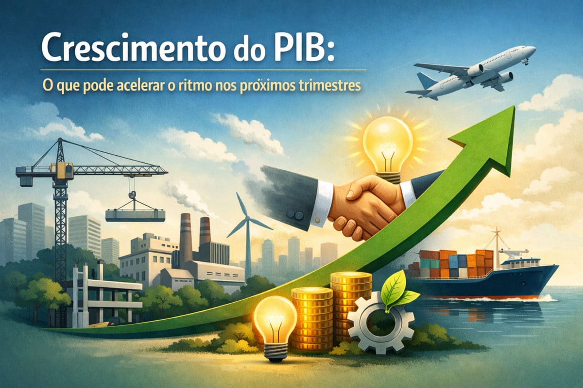 Ilustração com o título “Crescimento do PIB: O que pode acelerar o ritmo nos próximos trimestres”. Em um cenário de economia e infraestrutura, duas mãos apertam-se ao centro (cumprimento empresarial) com uma lâmpada acesa ao fundo, simbolizando ideias e inovação. Um grande gráfico em seta verde sobe da esquerda para a direita, indicando crescimento. À esquerda, há um canteiro de obras com guindaste e prédios; ao fundo, fábricas e turbinas eólicas. À direita, aparecem um avião no céu e um navio cargueiro com contêineres no mar. Na parte inferior, moedas empilhadas, outra lâmpada e uma engrenagem com uma folha, sugerindo investimentos e produtividade sustentável.
