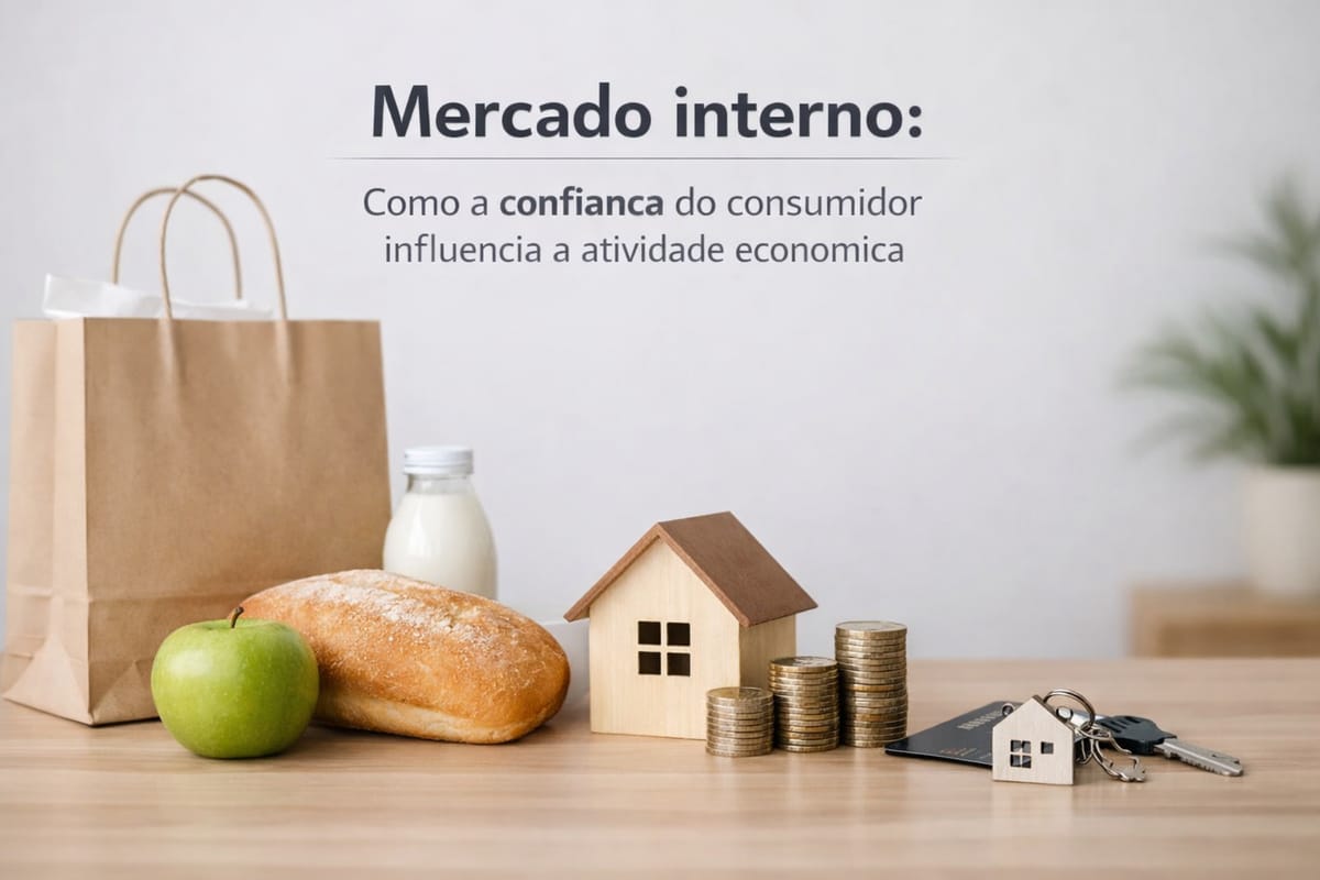 Imagem com o título “Mercado interno: Como a confiança do consumidor influencia a atividade econômica”. Em uma mesa de madeira, há itens que simbolizam consumo e finanças: uma sacola de compras de papel ao lado de um pão, uma maçã verde e uma garrafa de leite. Ao centro, uma pequena casa de madeira e várias pilhas de moedas representam orçamento familiar e investimento. À direita, um molho de chaves e um chaveiro em forma de casa aparecem junto a um documento, sugerindo compra de imóvel e segurança financeira. O fundo é claro e desfocado, destacando os objetos em primeiro plano.