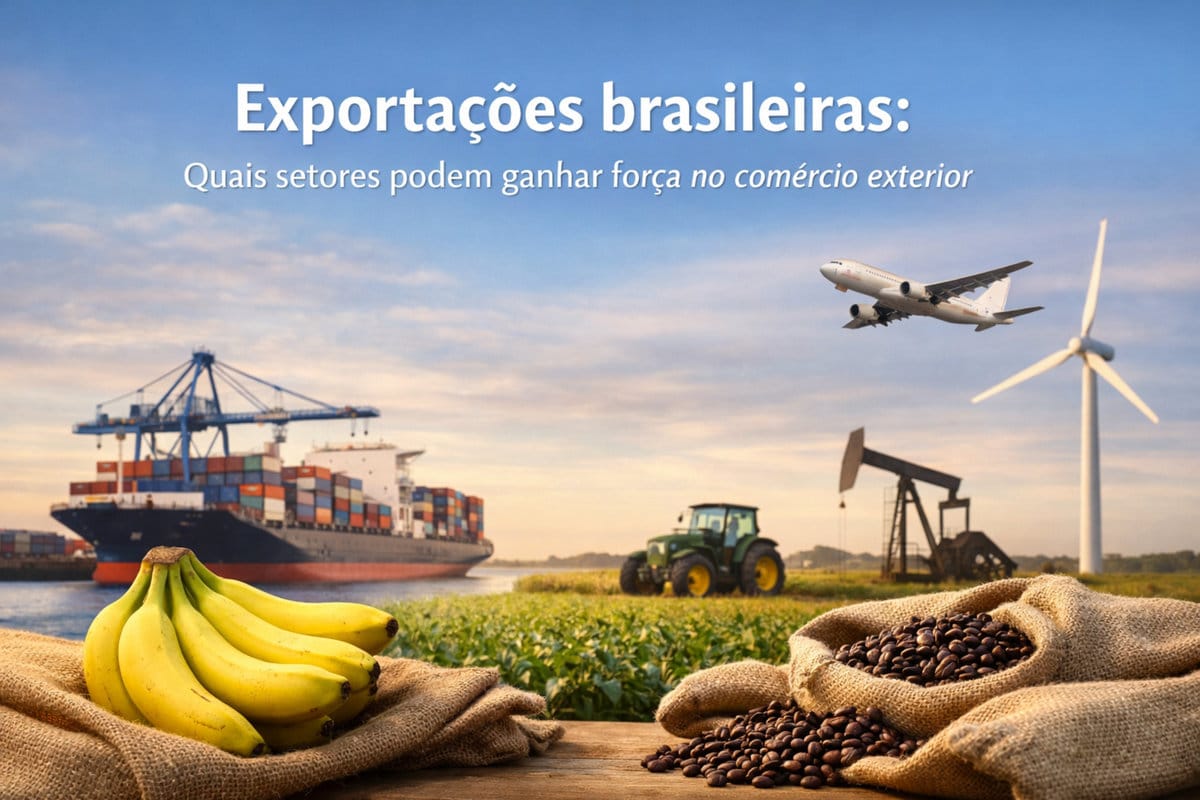 Imagem com o título “Exportações brasileiras: Quais setores podem ganhar força no comércio exterior”. Em primeiro plano, sacos de juta com produtos agrícolas: um cacho de bananas amarelas à esquerda e um saco com grãos de café à direita sobre uma mesa de madeira. Ao fundo, um porto com navio cargueiro cheio de contêineres e guindastes, simbolizando logística e exportação. No céu, um avião em voo sugere transporte aéreo e comércio internacional. No campo, um trator trabalha em lavouras e há uma bomba de extração de petróleo ao lado de uma turbina eólica, representando setores como agronegócio, energia e indústria. O cenário é de fim de tarde com céu azul e nuvens suaves.