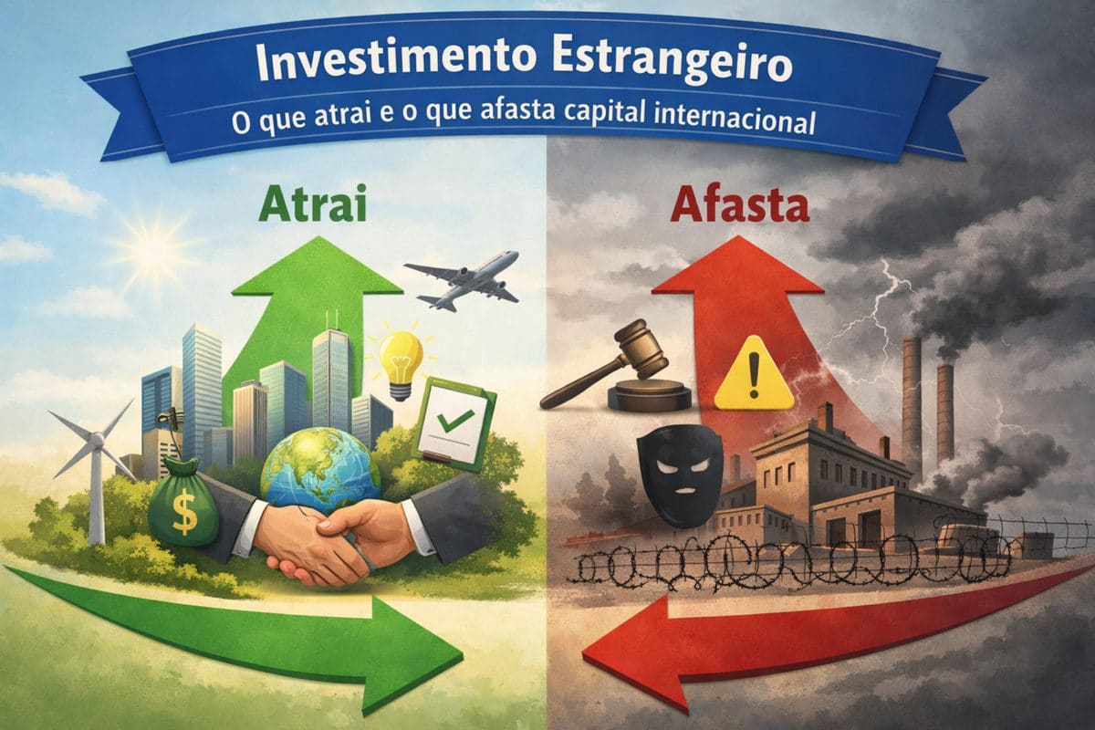 Ilustração com o título “Investimento Estrangeiro: O que atrai e o que afasta capital internacional”. A imagem é dividida em dois lados. À esquerda, a área marcada como “Atrai” mostra uma seta verde apontando para cima, prédios modernos, turbinas eólicas, um avião em voo, uma lâmpada simbolizando inovação, um símbolo de verificação e um aperto de mãos sobre o globo terrestre, indicando crescimento, sustentabilidade e confiança para investidores. À direita, a área marcada como “Afasta” apresenta uma seta vermelha apontando para cima, fábricas poluentes sob um céu escuro, arame farpado, um martelo da justiça, um sinal de alerta e uma máscara, representando riscos, insegurança jurídica e instabilidade que afastam o capital estrangeiro.