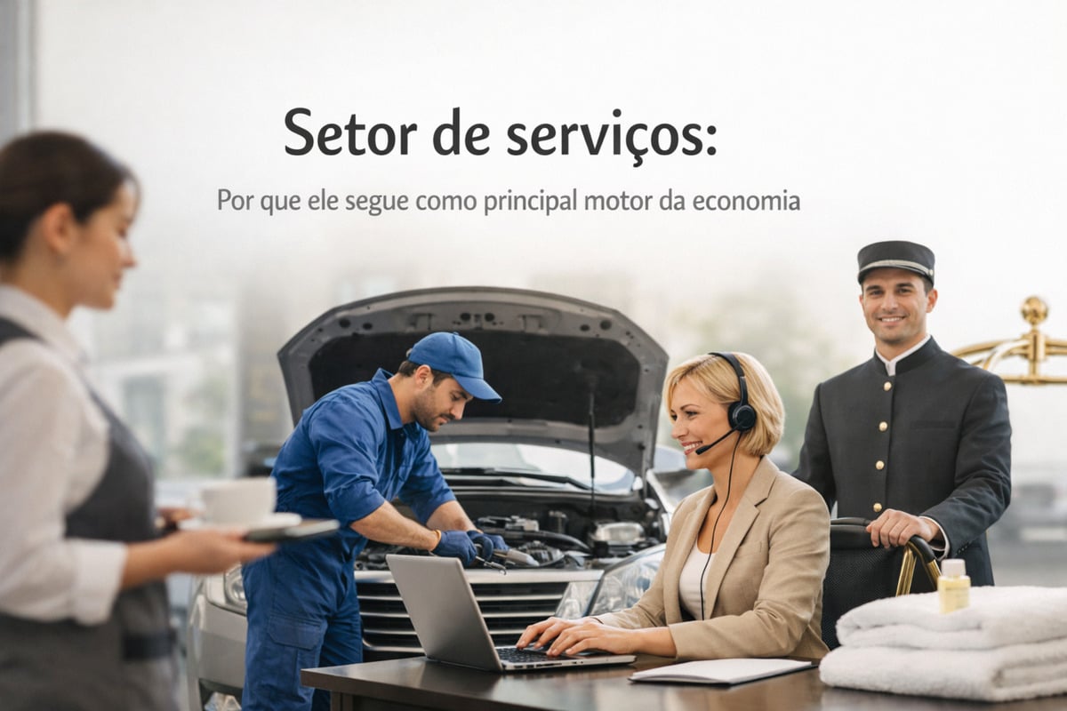 Imagem com o título “Setor de serviços: Por que ele segue como principal motor da economia”. A cena mostra diferentes atividades do setor de serviços em um ambiente integrado. À esquerda, uma atendente segura uma xícara, representando serviços de alimentação. Ao centro, um mecânico com uniforme azul trabalha no motor de um carro com o capô aberto, simbolizando serviços automotivos. À frente, uma profissional sentada à mesa utiliza um notebook e headset, indicando atendimento ao cliente e serviços administrativos. À direita, um funcionário de hotel com uniforme formal empurra um carrinho com toalhas dobradas, representando o setor de hotelaria. O fundo é claro e desfocado, destacando os profissionais e suas atividades.