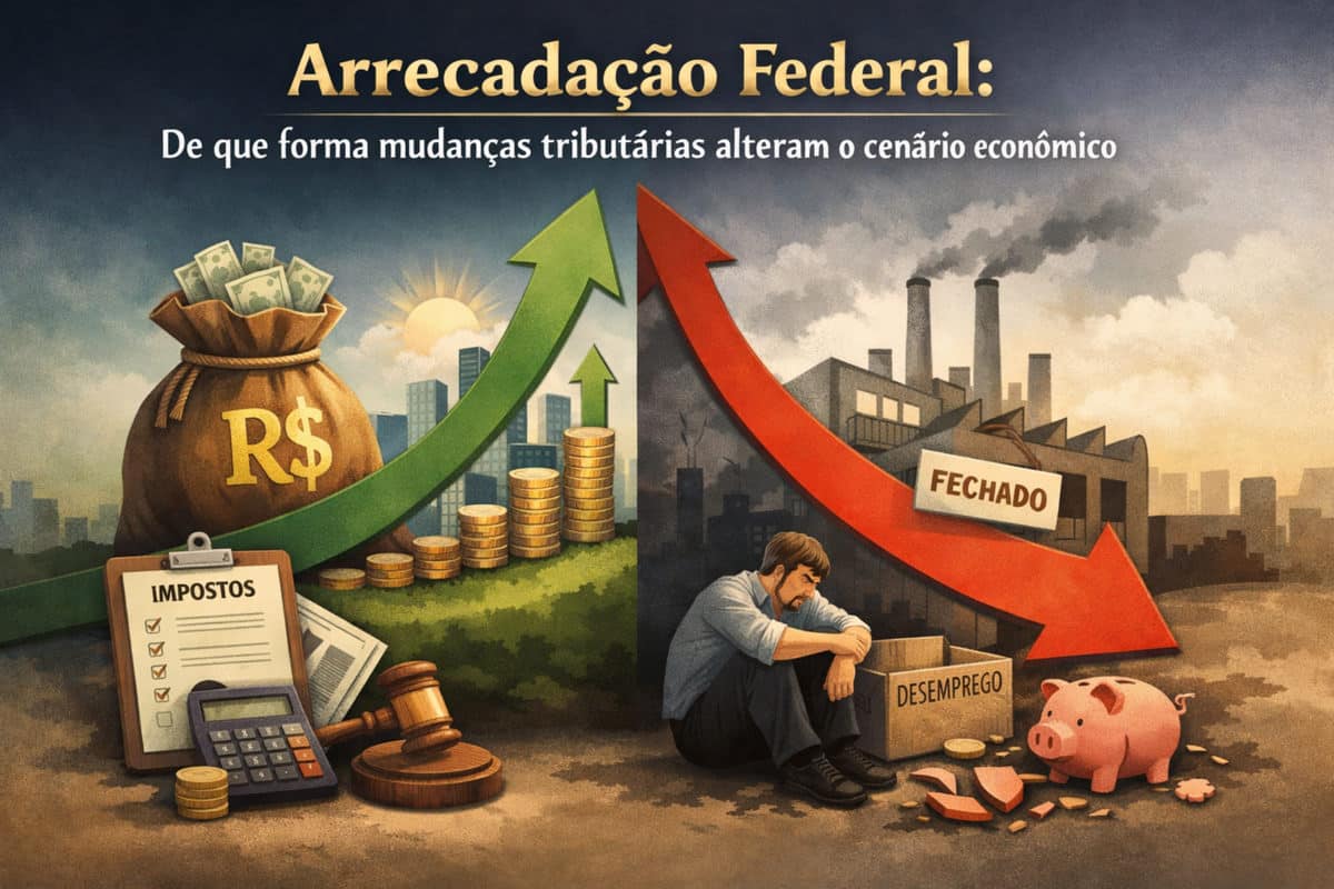 Ilustração com o título “Arrecadação Federal: de que forma mudanças tributárias alteram o cenário econômico”. A imagem é dividida em dois lados contrastantes. À esquerda, um cenário positivo mostra um saco de dinheiro com o símbolo do real, moedas empilhadas, uma prancheta com a palavra “Impostos”, uma calculadora e um martelo da justiça, além de uma seta verde apontando para cima diante de prédios e do sol, simbolizando aumento da arrecadação e crescimento econômico. À direita, um cenário negativo apresenta fábricas poluentes sob um céu escuro, uma placa com a palavra “Fechado”, uma seta vermelha apontando para baixo, um homem sentado com expressão de preocupação ao lado de uma caixa escrita “Desemprego” e um cofre em forma de porco quebrado, representando os efeitos adversos de mudanças tributárias sobre empresas e emprego.