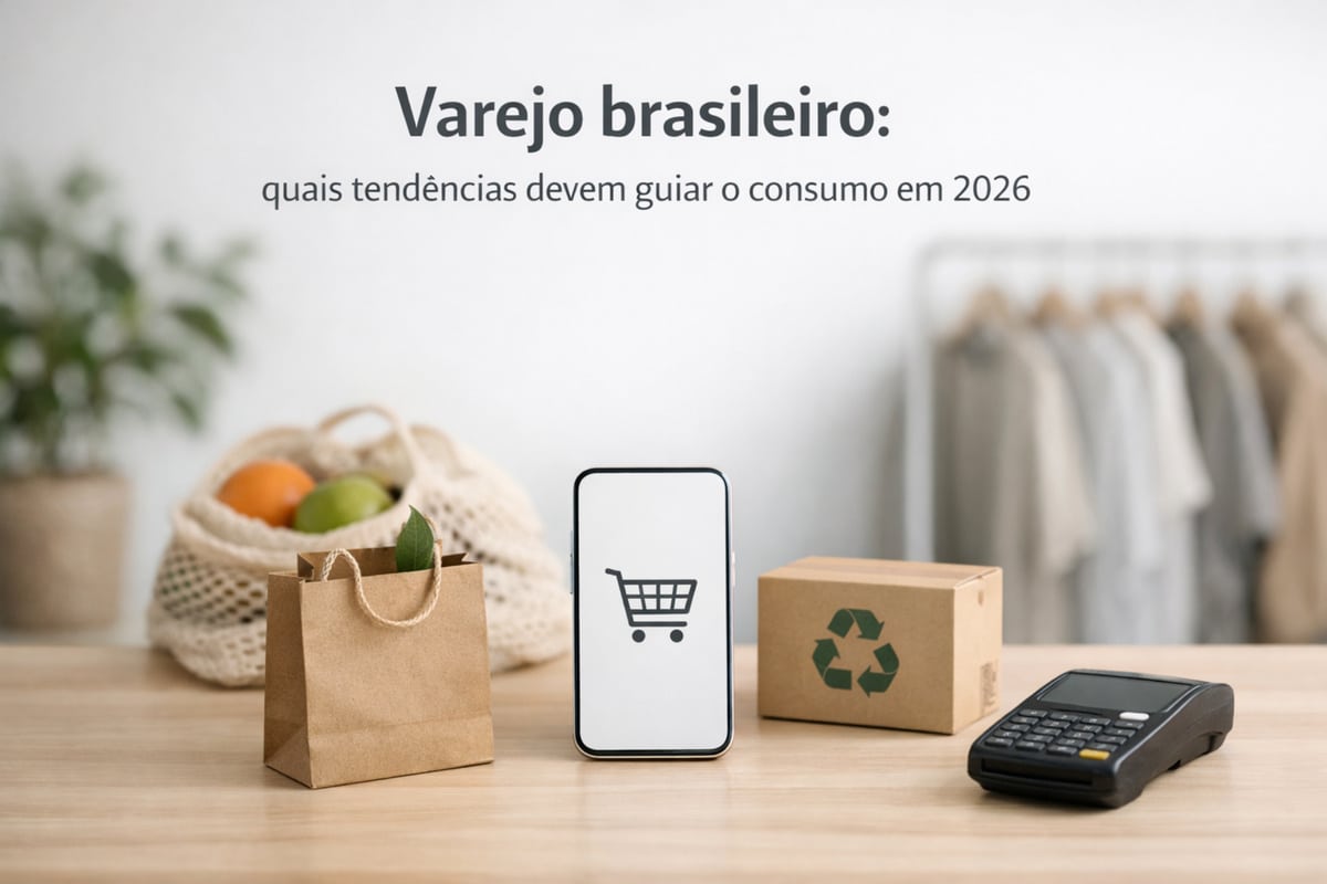 Imagem com o título “Varejo brasileiro: quais tendências devem guiar o consumo em 2026”. Sobre uma mesa de madeira, há elementos que representam o varejo moderno: uma sacola de papel com frutas, um smartphone ao centro exibindo o ícone de carrinho de compras, uma caixa de papelão com símbolo de reciclagem e uma máquina de cartão de pagamento. Ao fundo, um ambiente claro e minimalista com roupas penduradas em um cabideiro e plantas, simbolizando consumo sustentável, digitalização, omnicanalidade e novas formas de pagamento no varejo brasileiro.