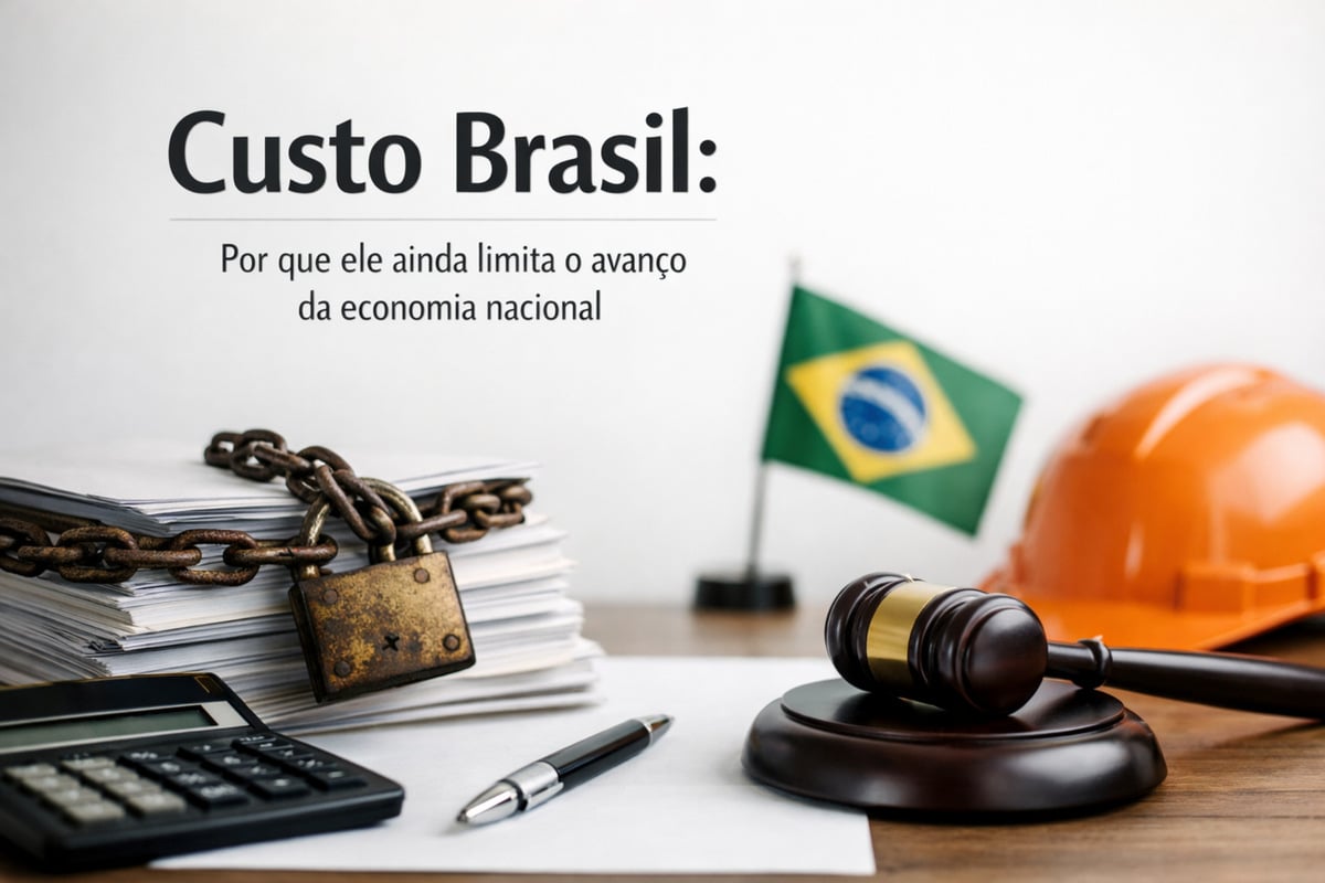 Imagem com o título “Custo Brasil: Por que ele ainda limita o avanço da economia nacional”. Em primeiro plano, há uma pilha de documentos presa por uma corrente com cadeado, simbolizando burocracia e entraves administrativos. Ao lado, aparecem uma calculadora e uma caneta, representando custos e complexidade fiscal. À direita, um martelo da justiça repousa sobre a mesa, reforçando a ideia de questões legais e regulatórias. Ao fundo, uma bandeira do Brasil e um capacete de segurança laranja simbolizam o país e o setor produtivo. O cenário destaca como burocracia, custos elevados e insegurança jurídica impactam negativamente o desenvolvimento econômico.