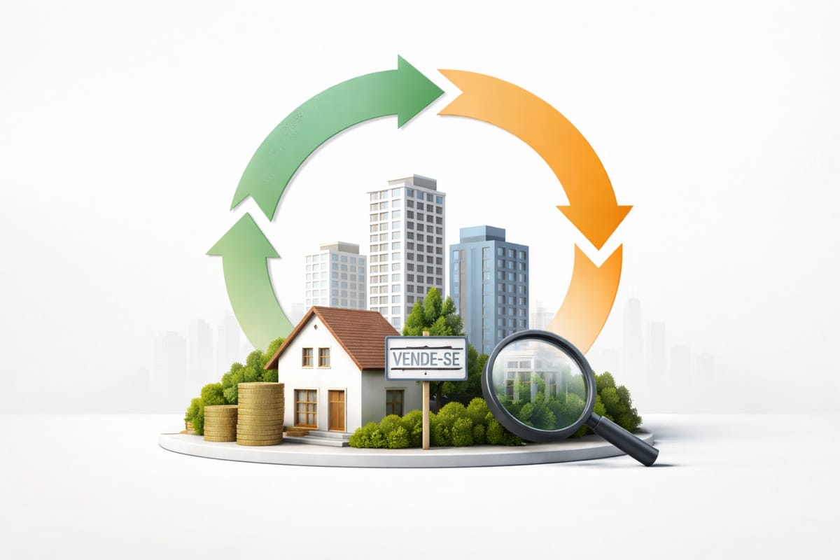 Imagem ilustrativa sobre ciclos econômicos e mercado imobiliário. No centro, há uma maquete de bairro com casa, prédios e árvores, acompanhada de pilhas de moedas e uma placa escrita “Vende-se”, sugerindo compra e venda de imóveis. Em primeiro plano, uma lupa destaca a análise do setor. Acima, setas circulares em verde e laranja formam um ciclo, simbolizando fases de expansão e retração na economia que influenciam os preços e a dinâmica do mercado imobiliário.