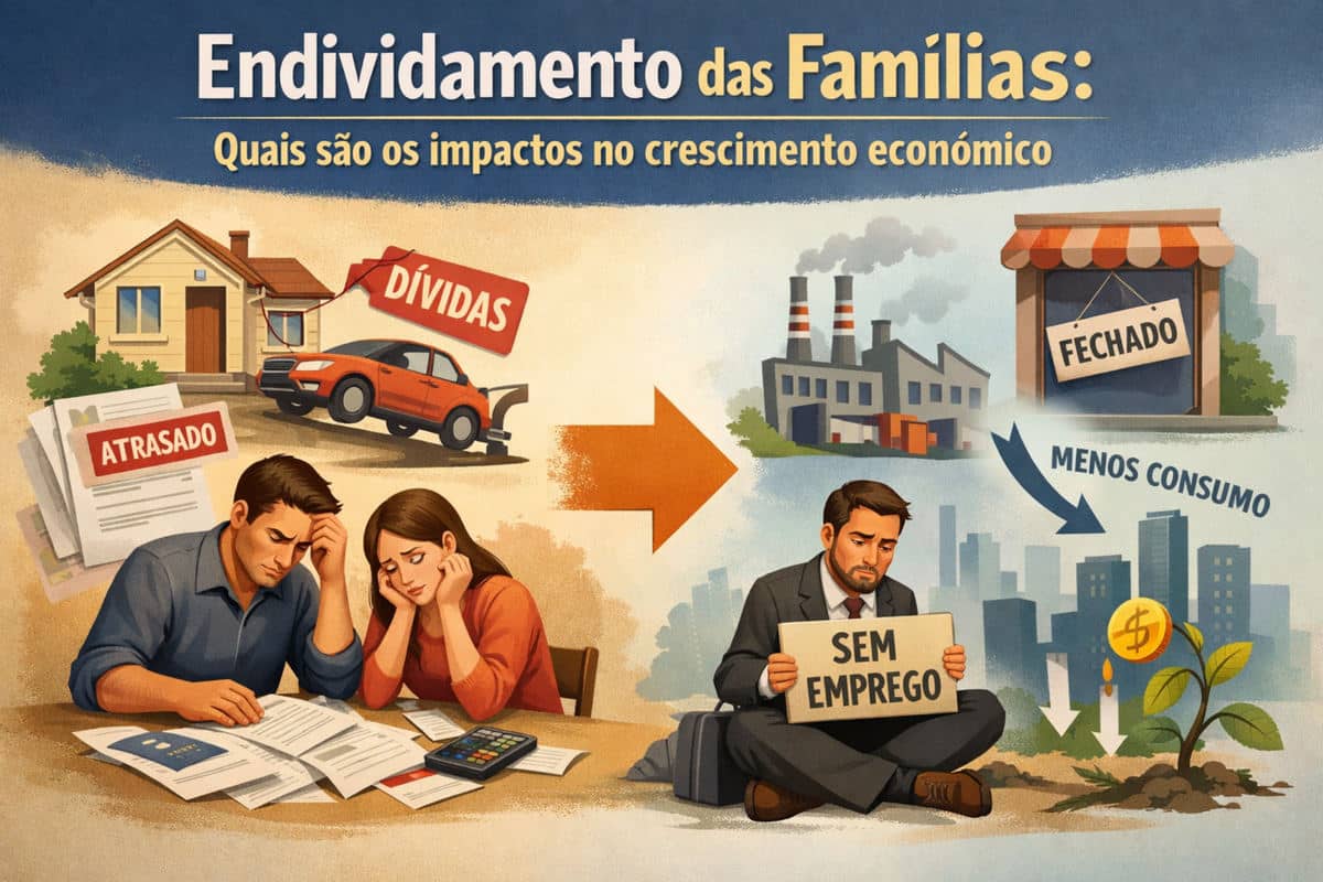 Ilustração com o título “Endividamento das Famílias: Quais são os impactos no crescimento econômico”. A imagem mostra, à esquerda, um casal preocupado analisando contas e boletos sobre uma mesa, com etiquetas como “Atrasado” e “Dívidas”, além de referências a casa e carro financiados, indicando orçamento pressionado. No centro, uma seta laranja aponta para a direita, sugerindo a evolução do problema. À direita, um homem sentado segura uma placa escrita “Sem emprego”, com fábricas ao fundo e uma loja com placa “Fechado”. Uma seta curva com o texto “Menos consumo” aponta para baixo, ao lado de ícones de queda e uma planta com moeda, representando redução do consumo, atividade econômica mais fraca e impactos no crescimento. 👤 Pessoas na imagem Há pessoas visíveis, mas não dá para identificar nomes (parecem personagens ilustrados). Se forem pessoas reais e você quiser que eu inc