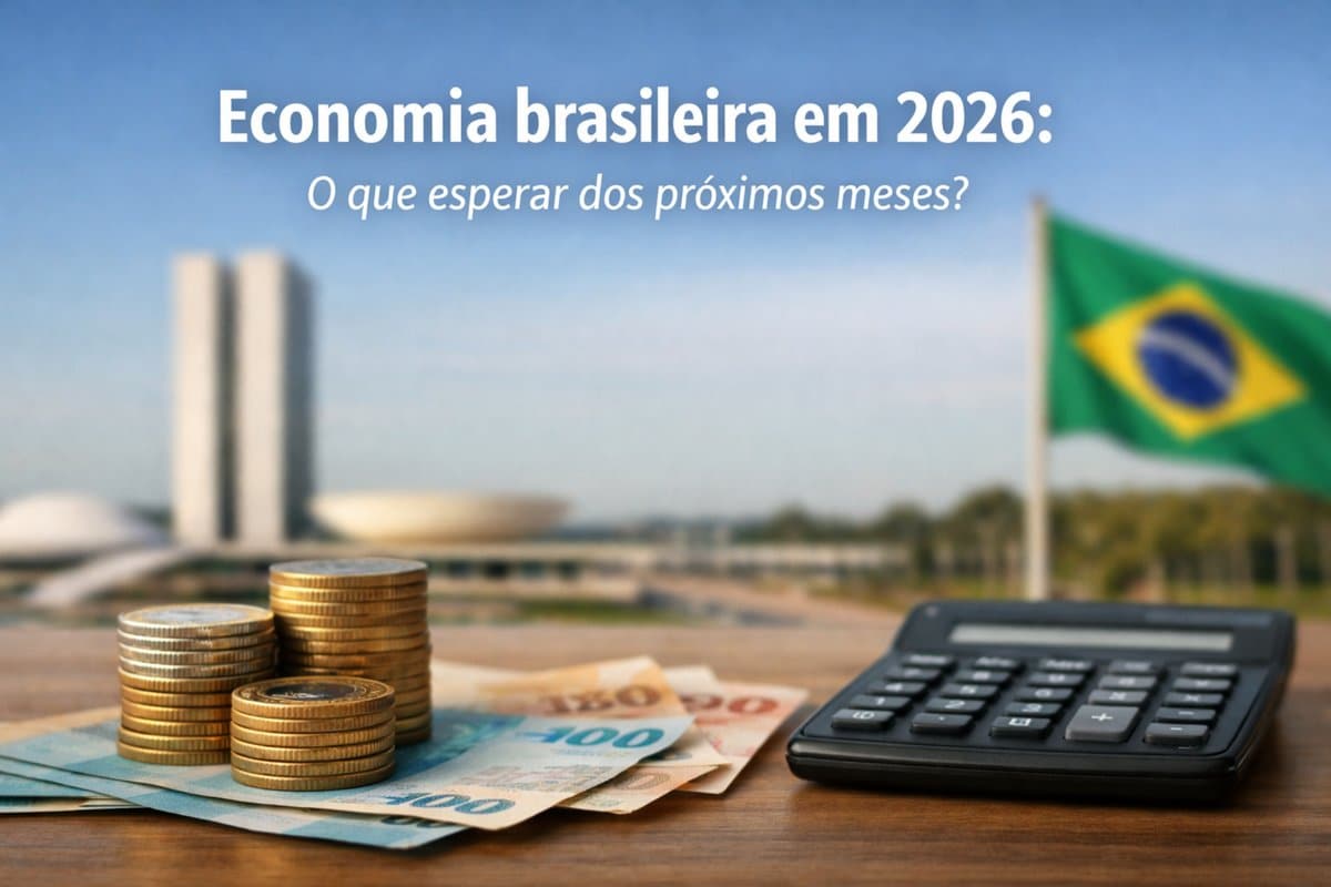 Dinheiro, calculadora e bandeira do Brasil simbolizando projeções da economia brasileira e oportunidades de investimentos futuros.