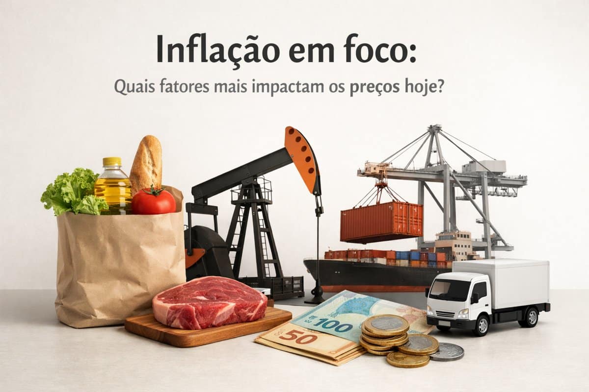 Alimentos, petróleo, transporte e dinheiro ilustrando fatores que impactam a inflação e os investimentos na economia.