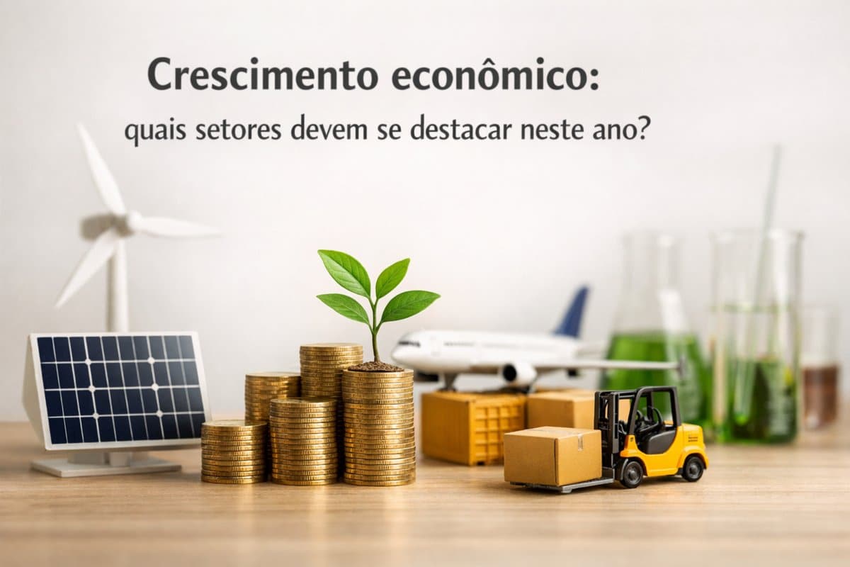 Moedas empilhadas com símbolos de energia, indústria e logística, representando setores estratégicos para investimentos e crescimento econômico.