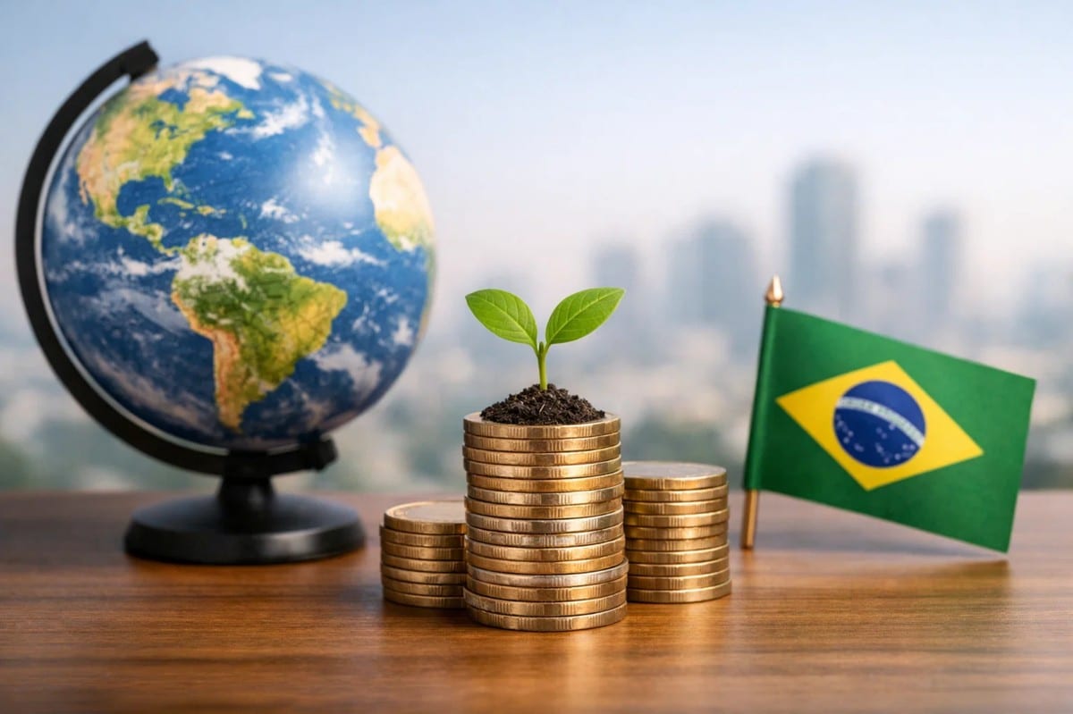 Imagem representando a economia mundial em 2026, com pilhas de moedas sustentando uma muda verde, um globo terrestre simbolizando o cenário global e a bandeira do Brasil ao lado, ilustrando como tendências econômicas globais, sustentabilidade e inovação devem orientar decisões de investimentos e estratégias financeiras no futuro.
