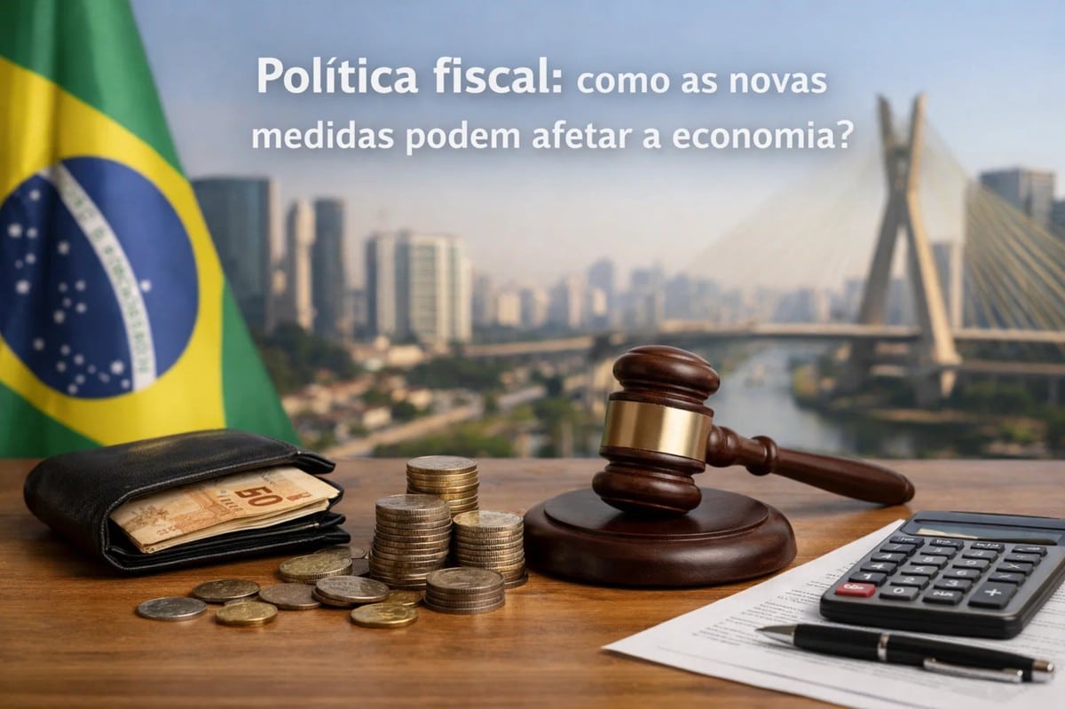 Imagem conceitual sobre política fiscal no Brasil, com moedas empilhadas, carteira com dinheiro, calculadora e um martelo de juiz sobre uma mesa, tendo a bandeira brasileira e a paisagem urbana ao fundo. A composição simboliza como decisões governamentais e novas medidas fiscais impactam a economia, influenciando arrecadação, gastos públicos e o equilíbrio das contas do país.