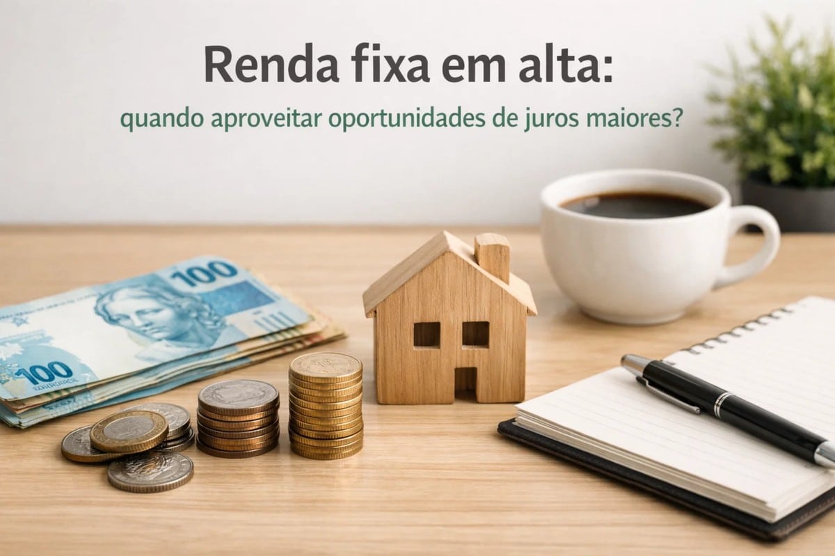 Imagem conceitual sobre investimentos em renda fixa, mostrando uma pequena casa de madeira ao lado de moedas empilhadas, cédulas de real, um caderno com caneta e uma xícara de café sobre uma mesa. A composição representa o momento de renda fixa em alta, destacando oportunidades de investimentos em cenários de juros elevados e a importância do planejamento financeiro.