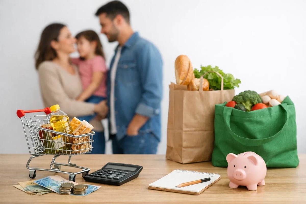 Imagem representando o consumo das famílias, com uma mesa contendo alimentos, calculadora, dinheiro, carrinho de compras e um cofrinho, enquanto uma família aparece ao fundo em um ambiente doméstico. A cena simboliza mudanças recentes no comportamento de consumo, destacando decisões financeiras mais conscientes, planejamento do orçamento e os impactos da economia nas escolhas do dia a dia das famílias.
