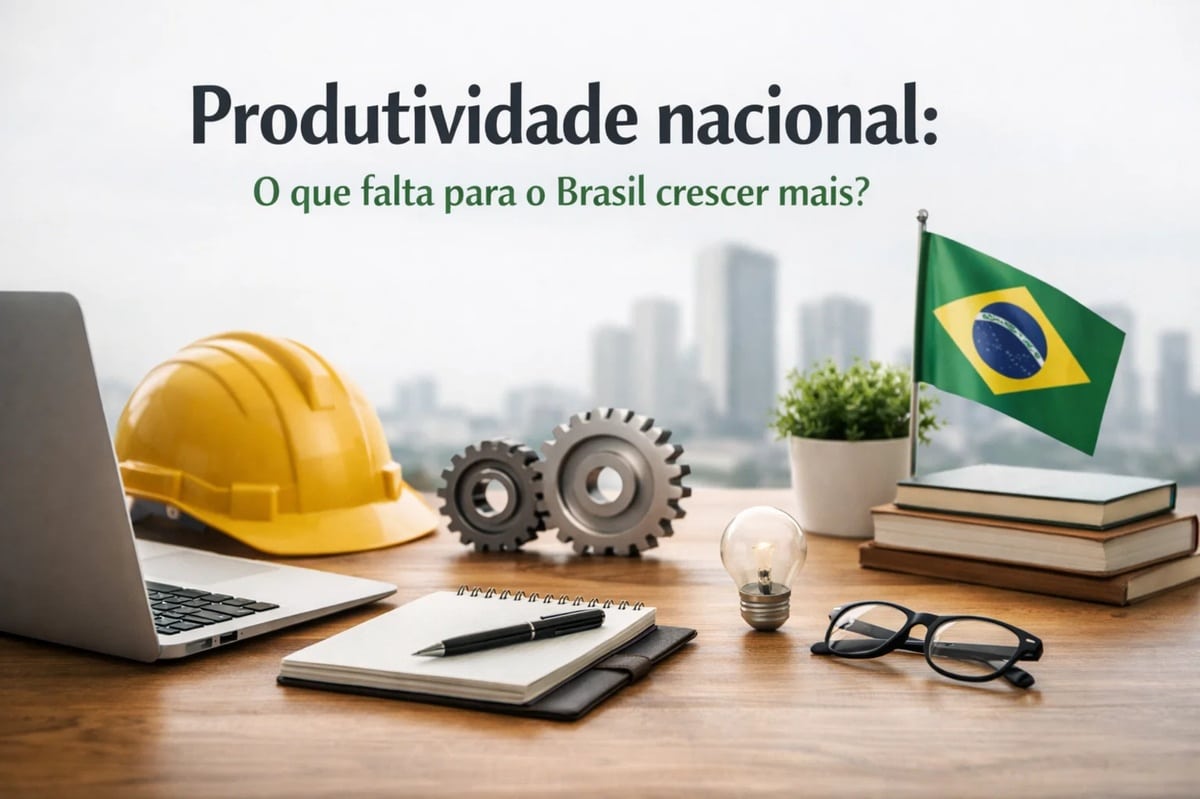 Imagem conceitual sobre produtividade nacional, com capacete de segurança, engrenagens, laptop, caderno, lâmpada acesa e livros sobre uma mesa de trabalho, além da bandeira do Brasil ao fundo e um cenário urbano desfocado. A composição representa os desafios e oportunidades para o aumento da produtividade no país, destacando inovação, qualificação profissional, infraestrutura e seus impactos diretos na economia brasileira.