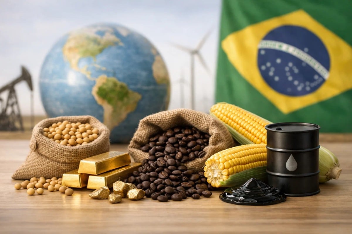 Imagem conceitual sobre investimentos em commodities, apresentando grãos de soja, café, milho, ouro e petróleo organizados sobre uma mesa, com a bandeira do Brasil e um globo ao fundo. A composição simboliza como oscilações globais afetam os investimentos no Brasil, destacando a importância das commodities para a economia nacional e seu papel estratégico em cenários de volatilidade internacional.