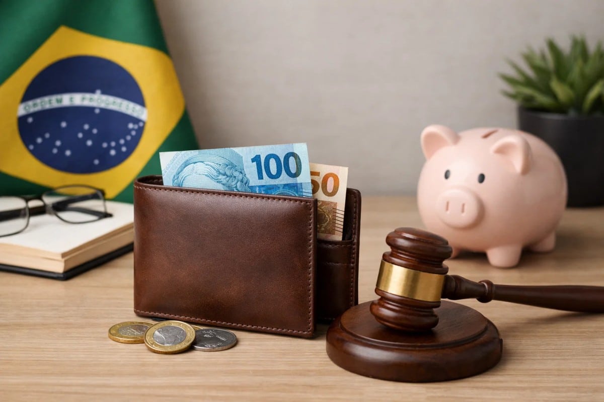 Imagem representando a política monetária brasileira e seus impactos nos investimentos, com uma carteira contendo cédulas de real, moedas sobre a mesa, um martelo jurídico simbolizando decisões institucionais, um cofre em formato de porquinho e a bandeira do Brasil ao fundo, ilustrando como as próximas decisões do Banco Central podem influenciar a carteira de investimentos, o poder de compra e as estratégias financeiras no Brasil.